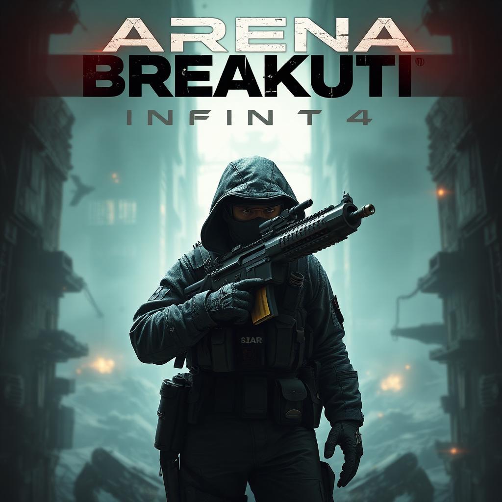 Arena Breakout key art — tactical operator scavenging in ruined urban warzone