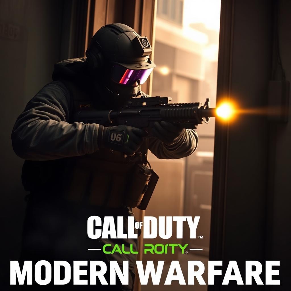 Call of Duty Modern Warfare tournament key art — a special ops operator with NVGs breaching a doorway
