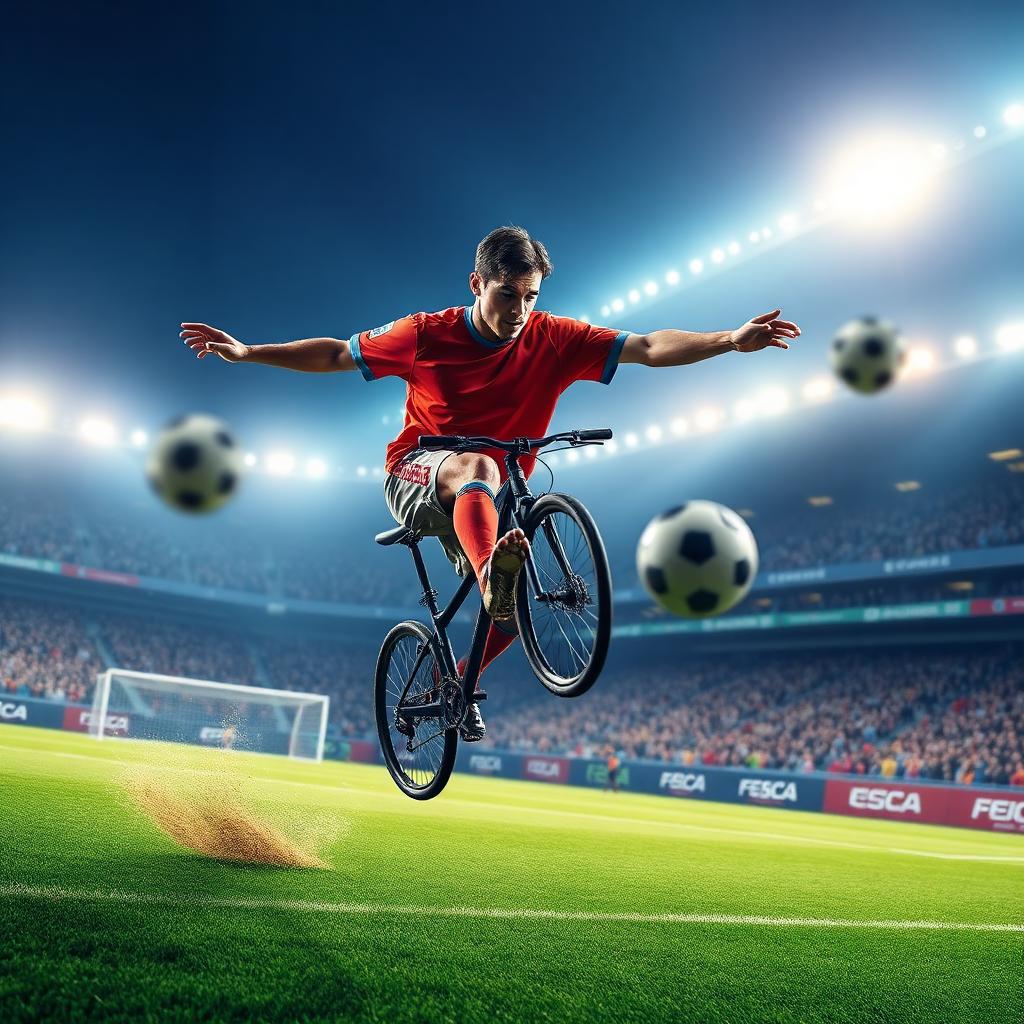 eFootball key art — striker mid-bicycle-kick in floodlit stadium