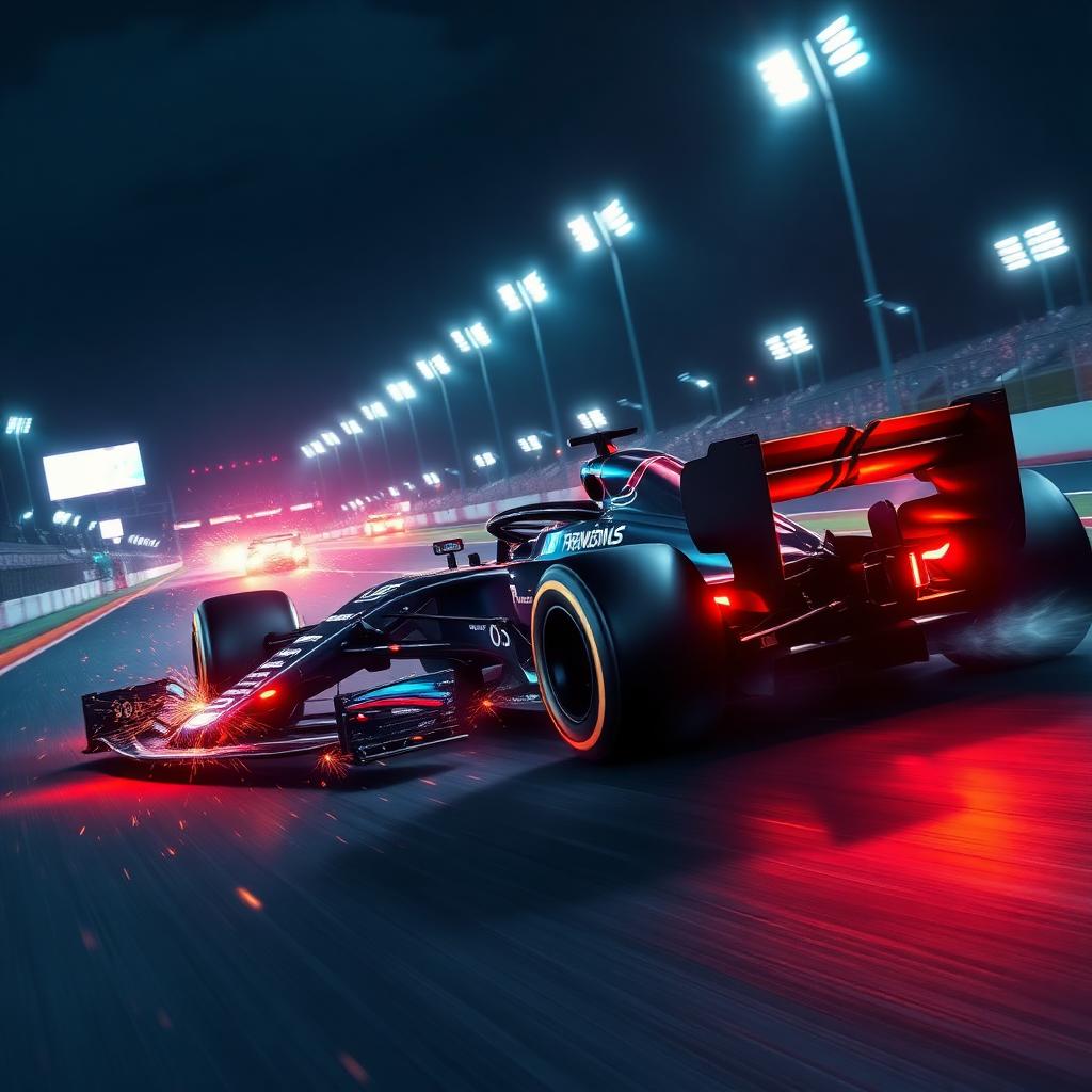 F1 24 key art — modern F1 car spraying sparks under night floodlights