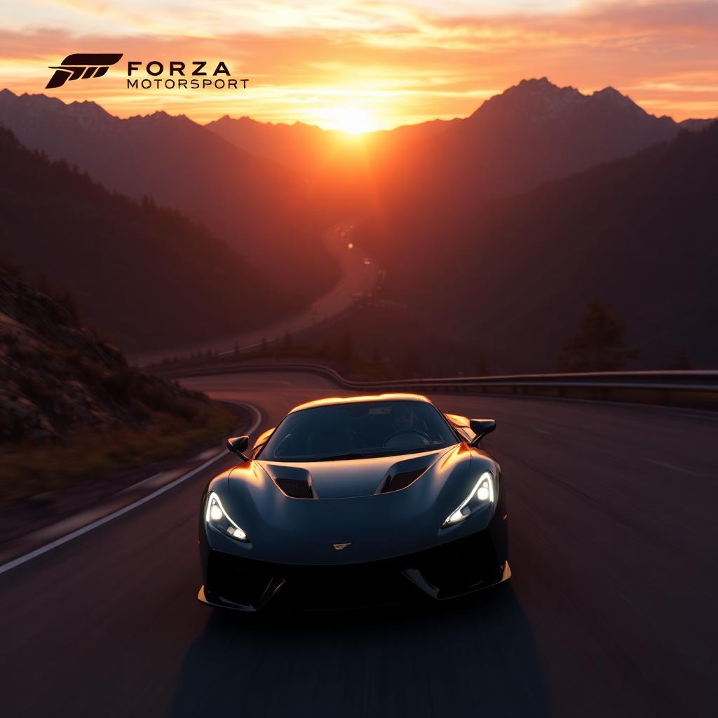 Forza Motorsport key art — sleek sports car on mountain road at sunset