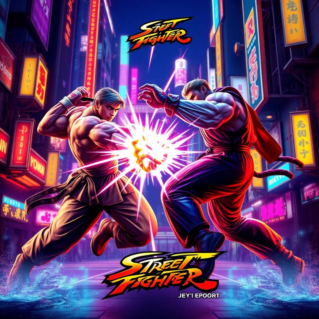 Street Fighter 6 esports key art — two martial artists mid-clash with shockwave impact in a neon Tokyo street