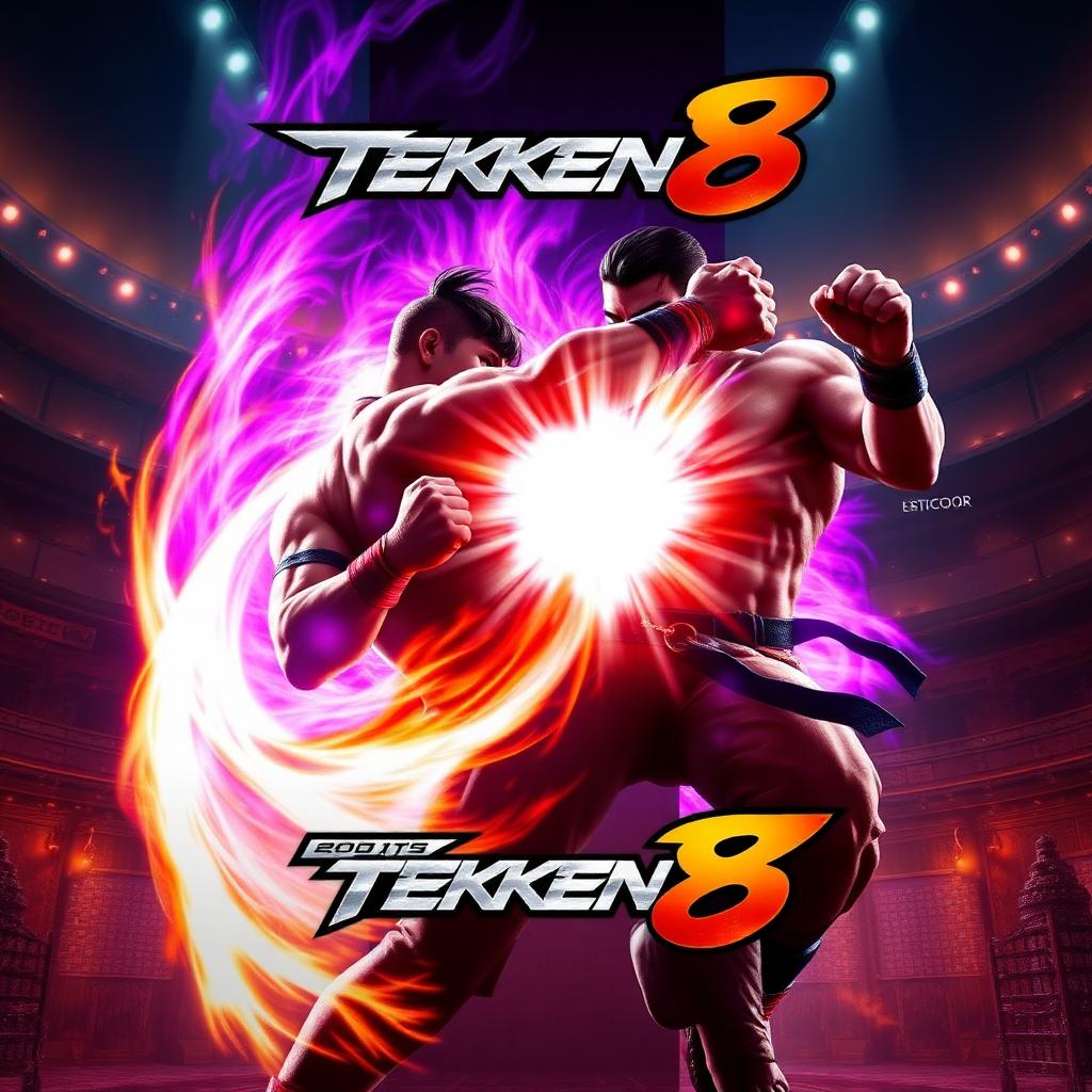 Tekken 8 tournament key art — two fighters mid-heat burst inside a dramatic tournament arena