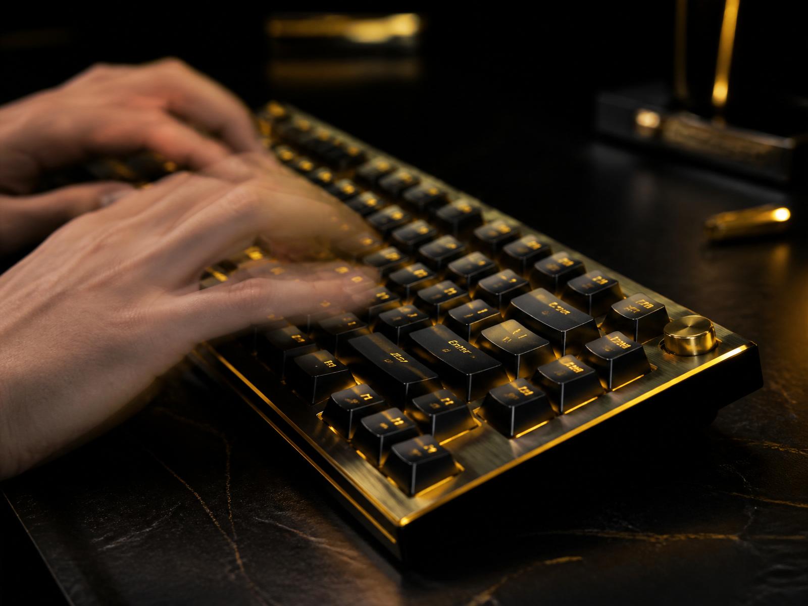 Hands blurred in motion on a premium mechanical gaming keyboard with gold RGB backlighting