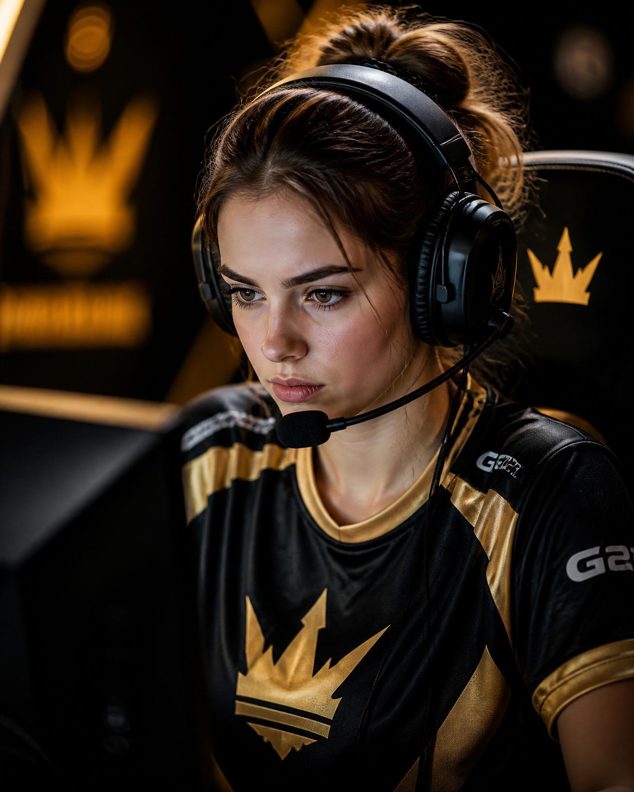 Female pro esports player wearing headset, intense competitive expression, gold and black team jersey