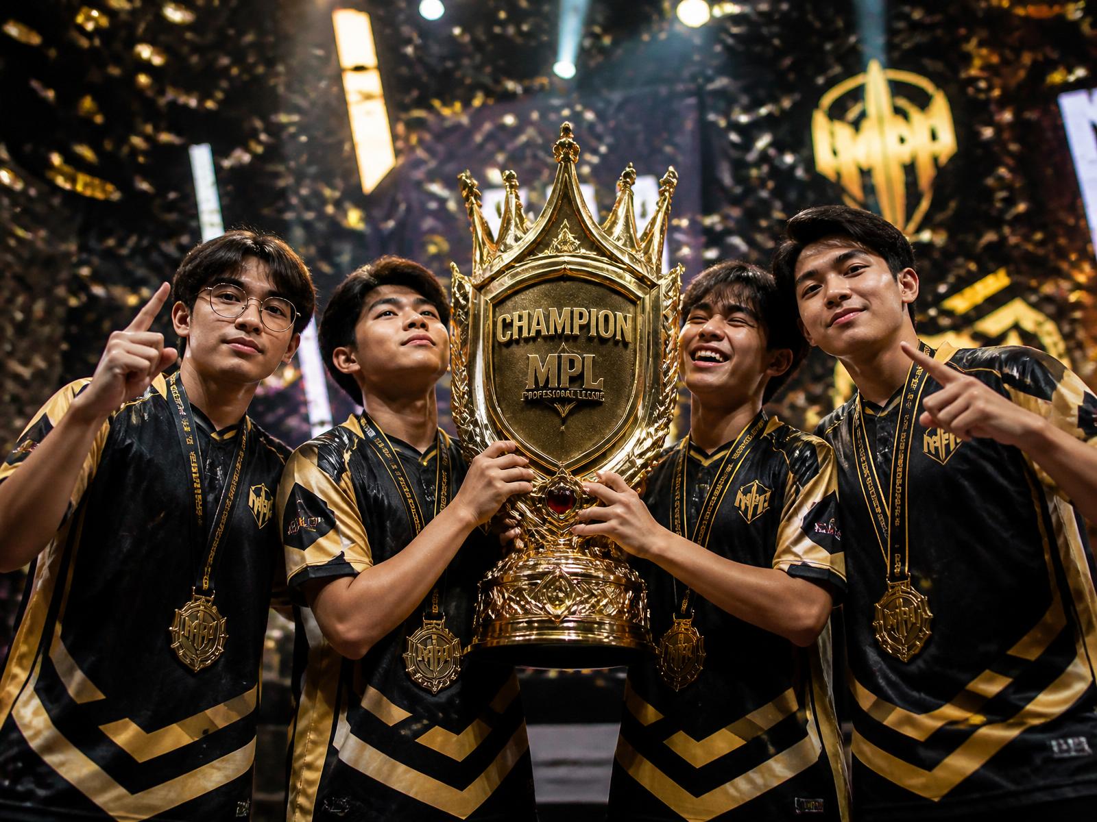 A team of four pro players hoisting an ornate gold Champion trophy shaped like a crown-topped shield, confetti falling